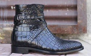 Awesome Handmade Men's Black Alligator Textured Leather Jodhpur Boots, Men Fashion Dress Ankle Boots