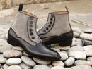 Awesome Handmade Men's Black Leather Gray Suede Brogue Toe Button Boots, Men Ankle Fashion Boots