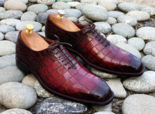 Load image into Gallery viewer, Awesome Handmade Men&#39;s Burgundy Alligator Textured Leather Lace Up Shoes, Men Dress Formal Shoes
