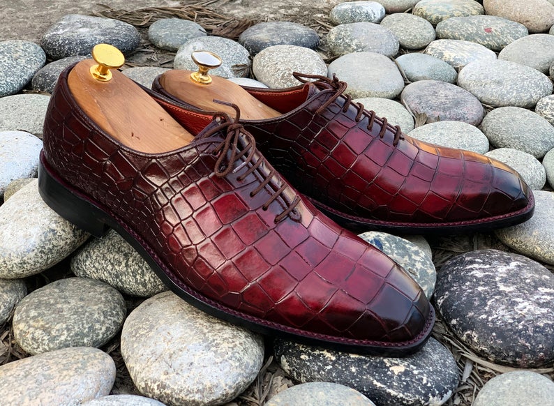 Awesome Handmade Men's Burgundy Alligator Textured Leather Lace Up Shoes, Men Dress Formal Shoes