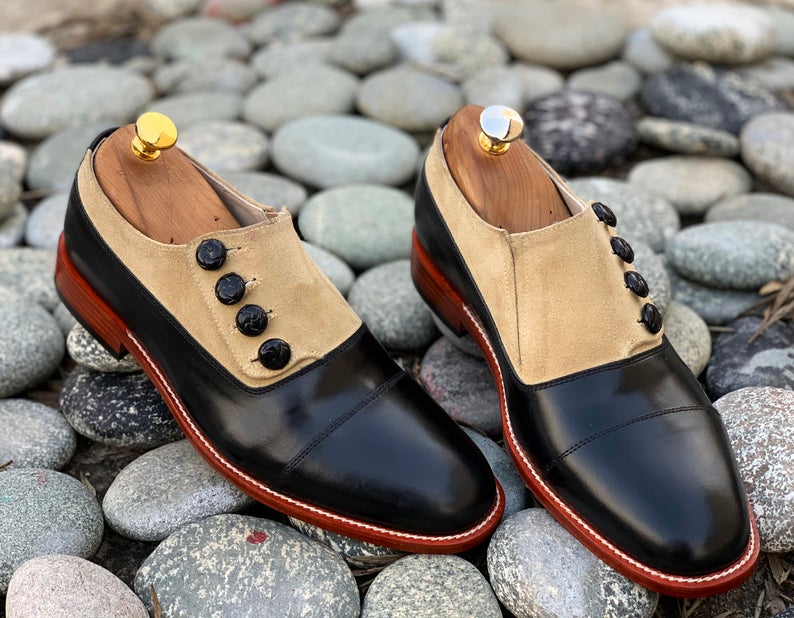 Elegant Handmade Men's Black Beige Leather Suede Cap Toe Button Shoes, Men Dress Formal Shoes