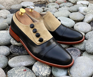 Elegant Handmade Men's Black Beige Leather Suede Cap Toe Button Shoes, Men Dress Formal Shoes
