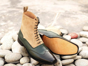 New Handmade Men's Green Leather Beige Suede Wing Tip Boots, Men Ankle Boots, Men Fashion Boots