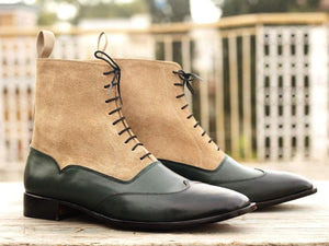 New Handmade Men's Green Leather Beige Suede Wing Tip Boots, Men Ankle Boots, Men Fashion Boots
