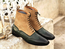 Load image into Gallery viewer, New Handmade Men&#39;s Green Leather Beige Suede Wing Tip Boots, Men Ankle Boots, Men Fashion Boots