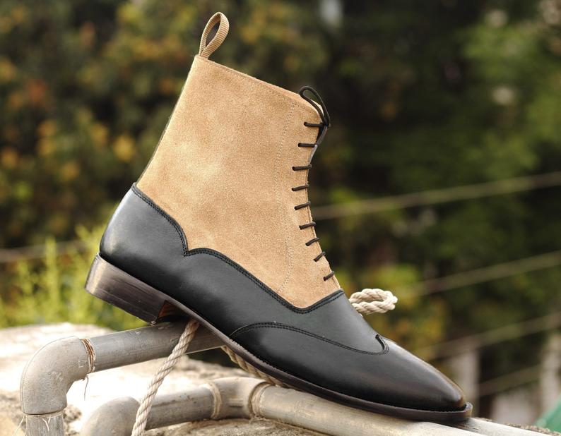 New Handmade Men's Black Leather Beige Suede Wing Tip Boots, Men Ankle Boots, Men Fashion Boots