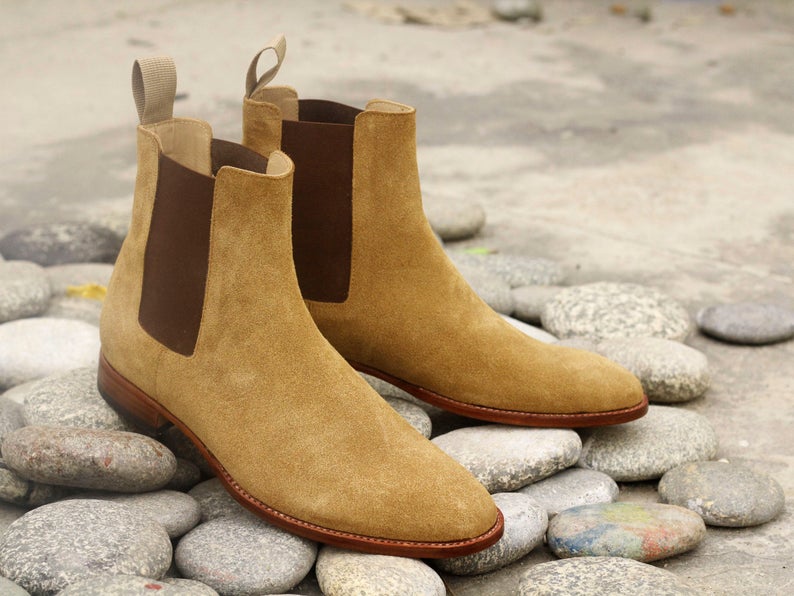 Awesome Handmade Men's Beige Suede Chelsea Boots, Men Ankle Men – theleathersouq