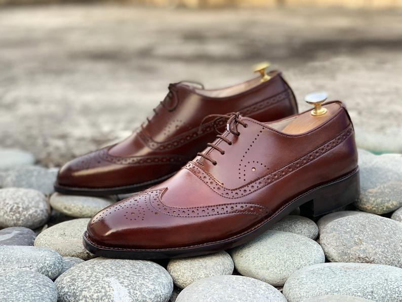 Awesome Men's Brown Handmade Wing Tip Brogue Leather Shoes, Men Goodyear Welted Lace up Designer Shoes