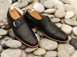 Awesome Handmade Men's Black Leather Wing Tip Brogue Monk Strap Shoes, Men Goodyear Welted Dress Formal Shoes