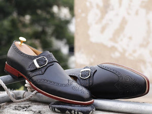 Awesome Handmade Men's Black Leather Wing Tip Brogue Monk Strap Shoes, Men Goodyear Welted Dress Formal Shoes
