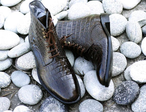 Awesome Handmade Men's Dark Brown Alligator Textured Leather Boots, Men Fashion Dress Ankle Boots