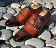 Load image into Gallery viewer, Awesome Handmade Men&#39;s Brown Leather Double Monk Strap Shoes, Men Cap Toe Goodyear Welted Dress Formal Shoes