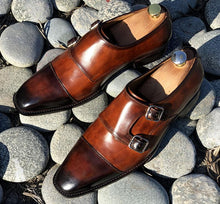 Load image into Gallery viewer, Awesome Handmade Men&#39;s Brown Leather Double Monk Strap Shoes, Men Cap Toe Goodyear Welted Dress Formal Shoes