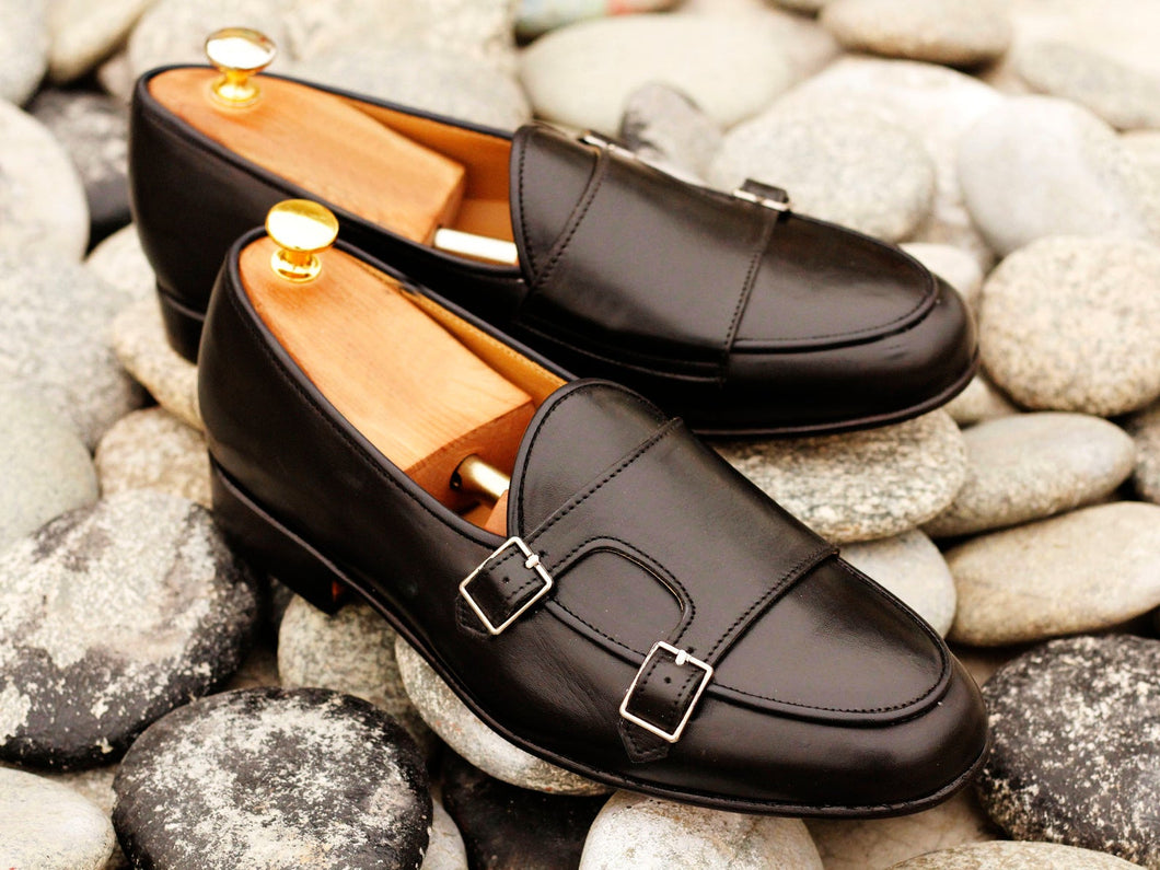 Awesome Handmade Men's Black Leather Double Monk Slip On Loafers, Men Dress Formal Shoes