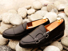 Load image into Gallery viewer, Awesome Handmade Men&#39;s Black Leather Double Monk Slip On Loafers, Men Dress Formal Shoes