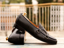 Load image into Gallery viewer, Awesome Handmade Men&#39;s Black Leather Double Monk Slip On Loafers, Men Dress Formal Shoes