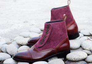 Awesome Men's Handmade Burgundy Leather Suede Cap Toe Button Boots, Men Ankle Fashion Boots
