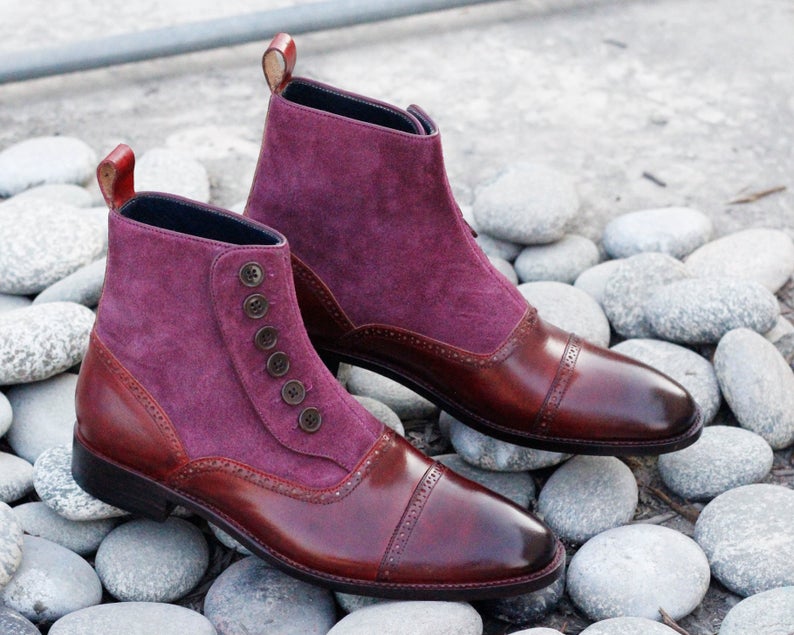 Awesome Men's Handmade Burgundy Leather Suede Cap Toe Button Boots, Me ...