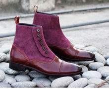 Load image into Gallery viewer, Awesome Men&#39;s Handmade Burgundy Leather Suede Cap Toe Button Boots, Men Ankle Fashion Boots