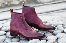 Load image into Gallery viewer, Awesome Men&#39;s Handmade Burgundy Leather Suede Cap Toe Button Boots, Men Ankle Fashion Boots