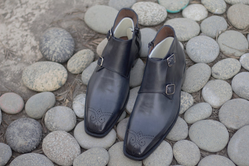 Elegant Handmade Men's Black Leather Brogue Toe Double Monk Strap & Zipper Boots, Men Ankle Boots, Men Fashion Boots