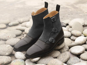 Stylish Handmade Men's Black Leather Gray Suede Cap Toe Triple Monk Strap Boots, Men Fashion Ankle Boots