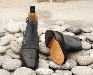 Stylish Handmade Men's Black Leather Gray Suede Cap Toe Triple Monk Strap Boots, Men Fashion Ankle Boots