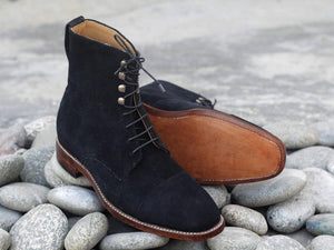 Awesome Handmade Men's Black Suede Cap Toe Lace Up Boots, Men Fashion Ankle Boots