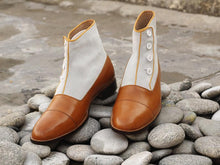 Load image into Gallery viewer, Elegant Handmade Men&#39;s Tan White Leather Suede Cap Toe Button Boots, Men Ankle Fashion Boots