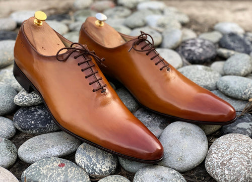 Awesome Handmade Men's Tan Leather Wholecut Pointed Toe Lace Up Shoes, Men Goodyear Welted Dress Formal Shoes