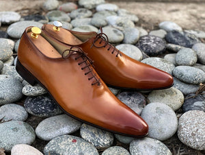 Awesome Handmade Men's Tan Leather Wholecut Pointed Toe Lace Up Shoes, Men Goodyear Welted Dress Formal Shoes