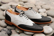 Load image into Gallery viewer, Awesome Handmade Men&#39;s Black White Leather Wing Tip Brogue Shoes, Men Dress Formal Shoes