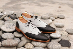 Awesome Handmade Men's Black White Leather Wing Tip Brogue Shoes, Men Dress Formal Shoes