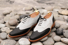 Load image into Gallery viewer, Awesome Handmade Men&#39;s Black White Leather Wing Tip Brogue Shoes, Men Dress Formal Shoes