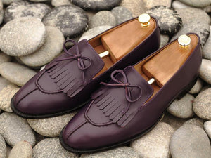 Latest Handmade Men's Purple Leather Fringes & Tussle Loafers, Men Split Toe Dress Formal Shoes