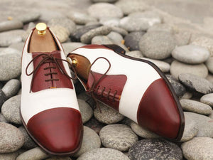 Elegant Handmade Men's Burgundy White Leather Cap Toe Lace Up Shoes, Men Dress Formal Luxury Shoes