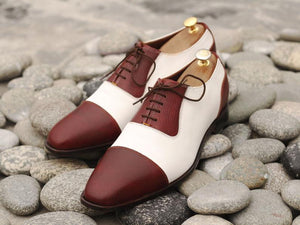 Elegant Handmade Men's Burgundy White Leather Cap Toe Lace Up Shoes, Men Dress Formal Luxury Shoes