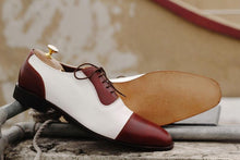 Load image into Gallery viewer, Elegant Handmade Men&#39;s Burgundy White Leather Cap Toe Lace Up Shoes, Men Dress Formal Luxury Shoes