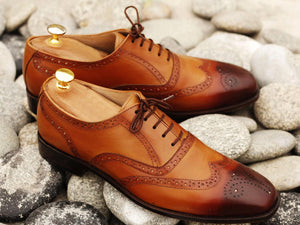 Awesome Men's Handmade Tan Brown Leather Wing Tip Brogue Lace Up Shoes, Men Dress Formal Shoes