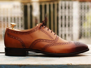 Awesome Men's Handmade Tan Brown Leather Wing Tip Brogue Lace Up Shoes, Men Dress Formal Shoes
