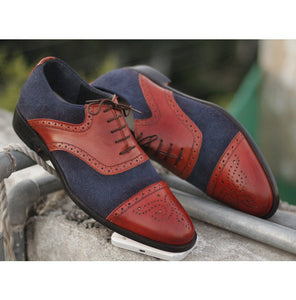 Awesome Handmade Men's Burgundy Leather Navy Blue Suede Cap Toe Brogue Shoes, Men Dress Formal Lace Up Shoes