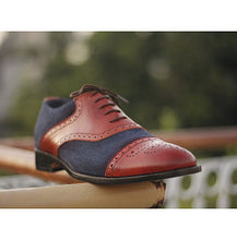 Load image into Gallery viewer, Awesome Handmade Men&#39;s Burgundy Leather Navy Blue Suede Cap Toe Brogue Shoes, Men Dress Formal Lace Up Shoes