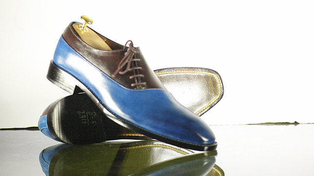 Elegant Handmade Men's Blue Brown Leather Side Lace Up Shoes, Men Dress Formal Shoes