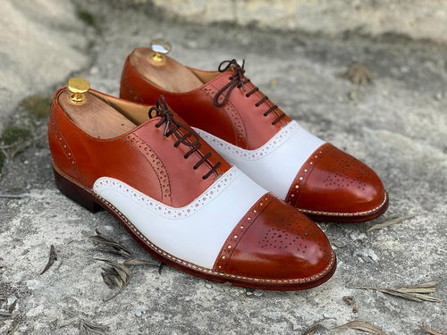 Awesome Handmade Men's Tan White Leather Cap Toe Lace Up Shoes, Men Dress Formal Shoes