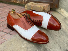 Load image into Gallery viewer, Awesome Handmade Men&#39;s Tan White Leather Cap Toe Lace Up Shoes, Men Dress Formal Shoes