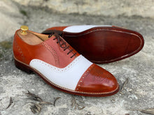 Load image into Gallery viewer, Awesome Handmade Men&#39;s Tan White Leather Cap Toe Lace Up Shoes, Men Dress Formal Shoes