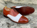 Awesome Handmade Men's Tan White Leather Cap Toe Lace Up Shoes, Men Dress Formal Shoes