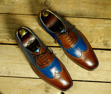 Load image into Gallery viewer, Stylish Handmade Men&#39;s Blue Brown Leather Wing Tip Lace Up Shoes, Men Dress Formal Shoes