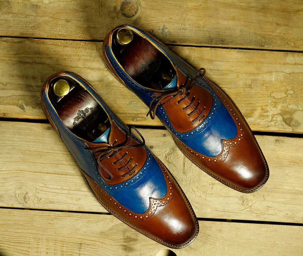 Stylish Handmade Men's Blue Brown Leather Wing Tip Lace Up Shoes, Men ...