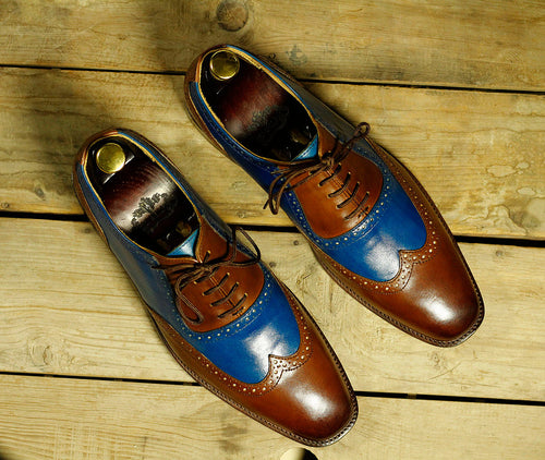 Stylish Handmade Men's Blue Brown Leather Wing Tip Lace Up Shoes, Men Dress Formal Shoes